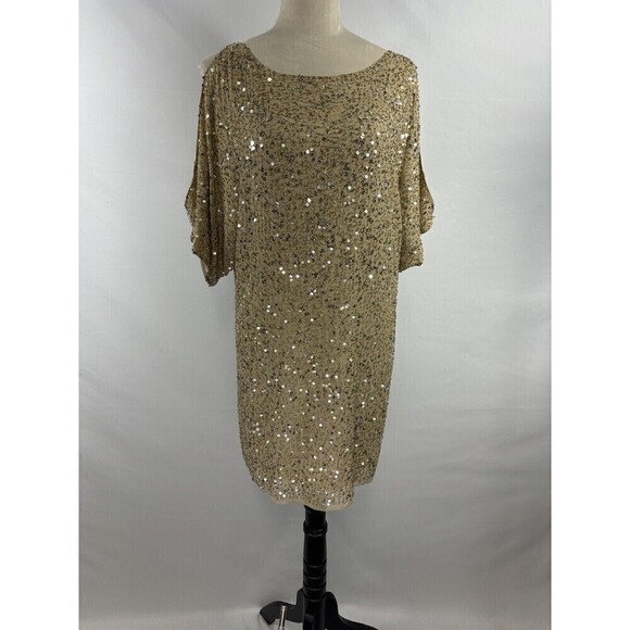 Aidan Mattox Sequin Cocktail Dress Gold Tan 2 Cold Shoulder Silk Lined - Picture 10 of 10